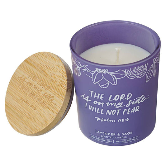 Glass Candle w/Bamboo Lid Purple No Fear Ps. 118:6