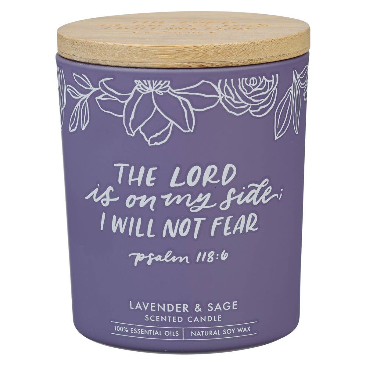Glass Candle w/Bamboo Lid Purple No Fear Ps. 118:6