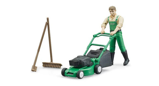 GARDENER WITH MOWER AND EQUIP