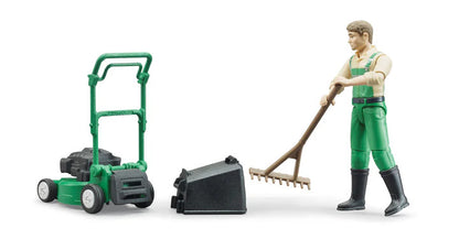 GARDENER WITH MOWER AND EQUIP