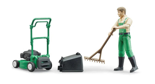 GARDENER WITH MOWER AND EQUIP
